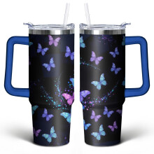 Blauer und lila Schmetterlings-Becher (887 ml) mit Henkeldeckel und Strohhalm – Edelstahl, vakuumisoliert – Süßes Geschenk für Frauen, Männer