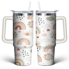 Regenbogenfarbener Cartoon-Becher (887 ml) mit Henkeldeckel und Strohhalm – Doppelwandiger, vakuumisolierter Edelstahlbecher, ideal für Frauen,