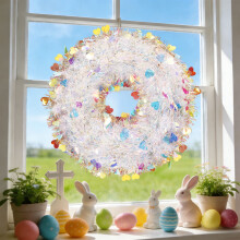 Colorful Easter Wreath for Front Door - 15 Inch Pastel Spring Wreath with Egg & Heart Shapes, Indoor Wall and Mantel Decor