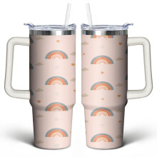 Regenbogenfarbener Cartoon-Becher (887 ml) mit Henkeldeckel und Strohhalm – Doppelwandiger, vakuumisolierter Edelstahlbecher, ideal für Frauen,