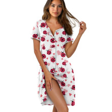 Women's Short Sleeve Button-Up Nightgown, Relaxed Lounge Dress, Breathable, Ladybug Love Heart Pattern, White, XS – Compatible with Valentine’s
