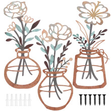 3 Pcs Metal Flower Wall Art Exquisite Metal Flower Vase Wall Art Rustic Farmhouse Decor for Living Room Bathroom Bedroom Kitchen