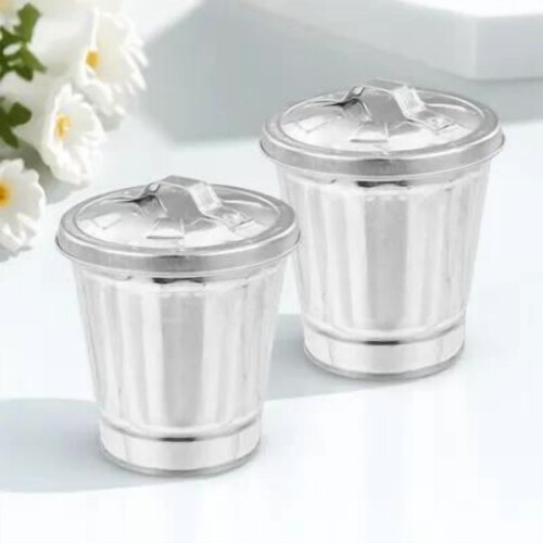 2Pcs Galvanized Trash Bucket with Lid Silver Metal Garbage Bin for Desktop Storage Use