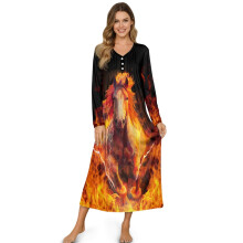 Women's Long Sleeve Nightgown, Soft Lightweight Sleep Dress with Horse Fire Pattern – Compatible with Home Use