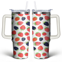Erdbeer-Fruchtbecher (887 ml) mit Griffdeckel und Strohhalm – Edelstahl, doppelwandig, vakuumisoliert, süßes Geschenk für Frauen, Männer und