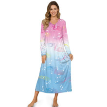 Elegant Long Sleeve Nightgown for Women – Button Front, Ankle-Length, Soft Sleepwear, M, Musical Note Pink-Blue Gradient, Compatible with Home/Hotel