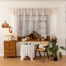 White lace arched sheer curtain with floral embroidery, rod