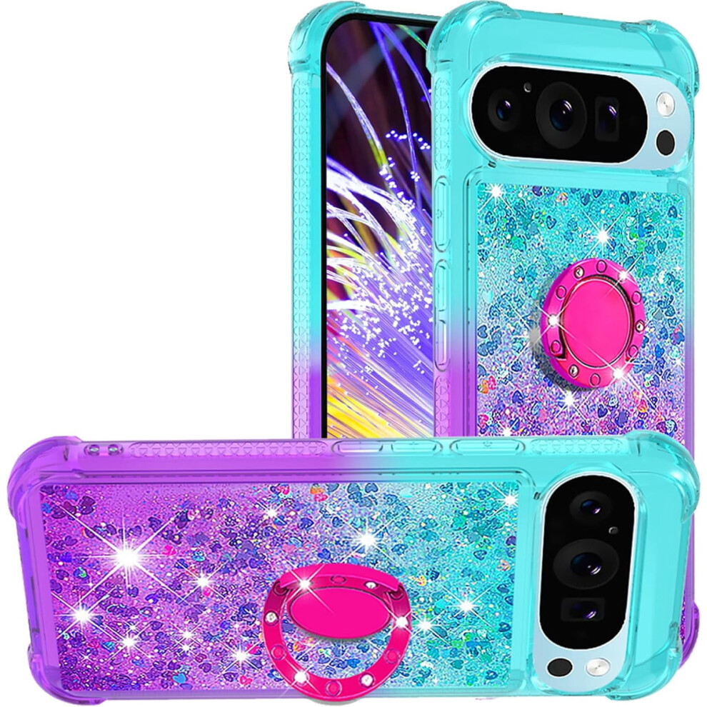 Gradient Quicksand Case For Google Pixel 9 Pro/Pixel 9 2024, Ring Kickstand & Glitter Cover Â Jb-Green Purple 9479868075320
