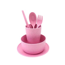 Service de table 6 pièces en paille de blé : assiette, bol, tasse, baguettes, cuillère, fourchette – Réutilisable, compatible lave-vaisselle,