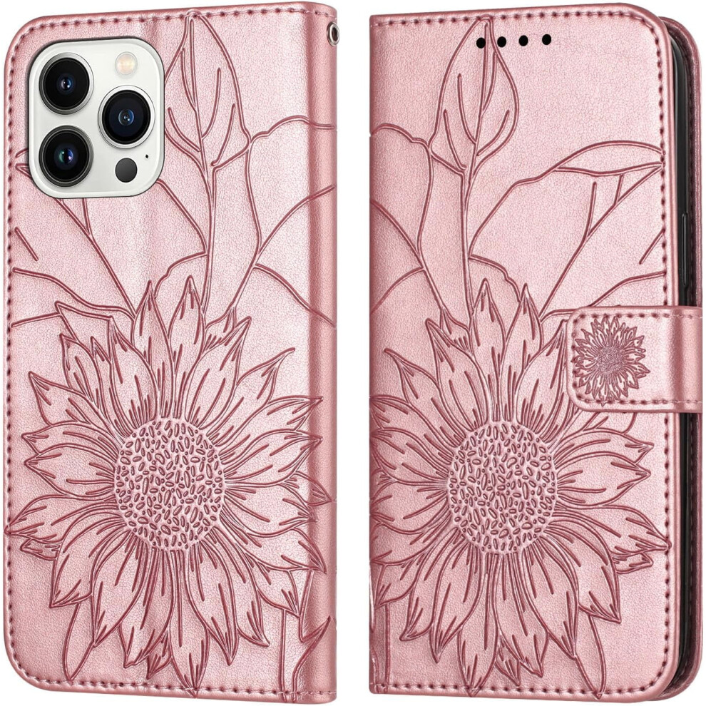Sunflower Leather Wallet Case With Card Holder & Kickstand For Iphone 15 Pro Â Rose Magnetic, Shockproof Gold 9479868074194