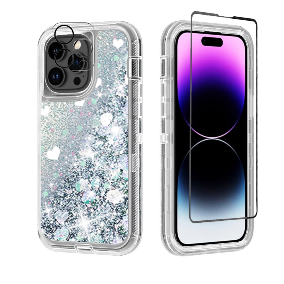 Compatible With Iphone 14 Pro Max: Clear Shockproof Cover + Screen & Camera Protectors, Bling Glitter Quicksand Sparkle, 6.7", Silver 9028731008233