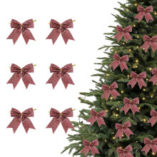 DAMAI 6 Pcs Pink Glitter Bows for Christmas Tree, 4" Twist Tie, Pre-Made Sparkling Ornaments, Holiday DIY Decor