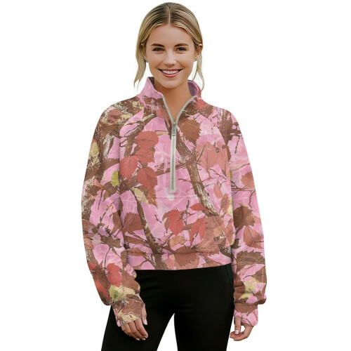 Women's Oversize Quarter-Zip Sweatshirt Mock Neck Camo