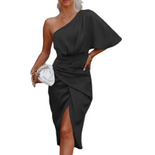 Vestido midi longo feminino de cetim com um ombro só, manga morcego, franzido, modelagem assimétrica transpassada para festa de coquetel.