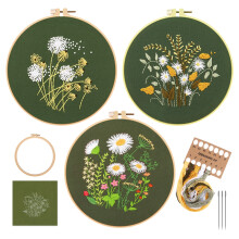 Blingpainting Broderi Starter Kits til Voksne og Begyndere med Stemplet Mønster, Broderigarn + Nåle + Ring, Grøn Serie, 3-Pak