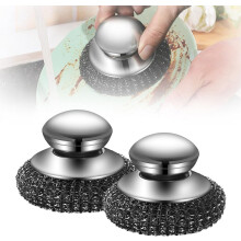Steel Wool Scrubber with Handle, Detachable Metal Pads for Dishes, Pots, Stoves & Sinks – 2pcs