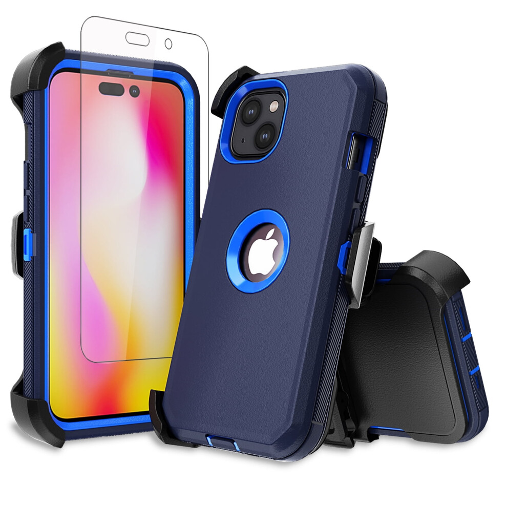 Compatible With Iphone 14 Plus Case + Screen Protector + Belt-Clip Holster, Heavy-Duty Shockproof Case For Iphone 14 (6.7"), Dark & Blue 9028731008301