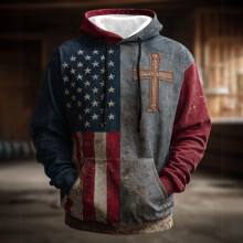 SYMOID Men's Vintage Distressed Hoodie - 100% Polyester, USA Patriotic & Christian Cross, Black, Size L, Drawstring Hood & Kangaroo Pocket