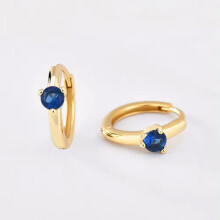 Solitaire CZ Crystal Sterling Silver Hoop Earrings A4298-L - Gold with Dark Blue Stone