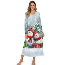 Women's Christmas Nightshirt - Cozy Long Sleeve Pajama Dress, Full-Length Nightgown & House Coat, Snowman/Fir Tree Pattern, 4XL