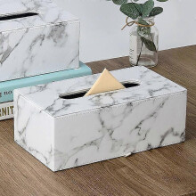 Rectangular Marble Tissue Box with Lid for Household Storage (White Large)
