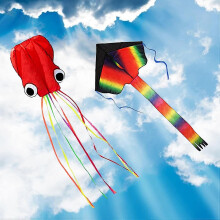 2 Pack Kites - Large Rainbow Delta Kite and Red Mollusc Octopus with Long Colorful Tail for Children world book day Gift for family/friend