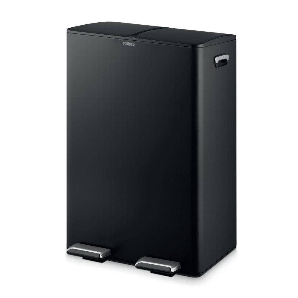 Tower Recycling Pedal Pin With Two 30L Compartments, Two Inner Buckets, Carbon Steel Body, 60L, T838023blk Black