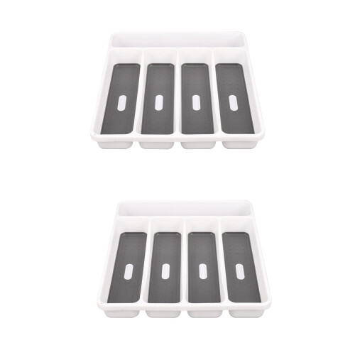 2X Large Gray Silverware Tray Fork Collection Container 5 Compartments Soft-Grip Plastic Storage Box for Tableware