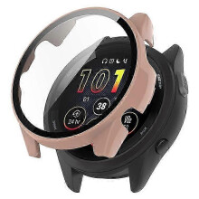 (Pink) Compatible For Garmin Forerunner 265S Anti-scratch PC Watch Case with Tempered Glass Screen Protector