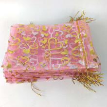 300 Pièces Séries 9X12 cm Coeur Imprimé Rose Organza Sacs Bijoux Pochette Sacs Organza Cordon Pochettes Faveurs de Mariage Bonbons Cadeau Sacs