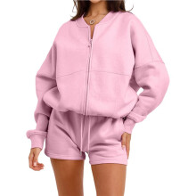 Dames 2-Delige Outfit: Trainingspak, Trui met Ronde Hals en Rits, Sweatshirt, Joggingbroek en Shorts, Trainingspakset Roze L