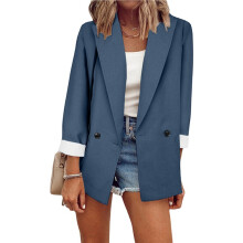 Damenblazer, Einfarbig, Offen, Langärmelig, Bürojacke, Arbeitsjacke mit Taschen Blau S