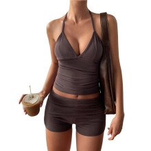 Dames 2-Delige Workoutset: Naadloze Geribbelde Crop Top, Shorts met Hoge Taille, Yoga-Outfit Bruin XL