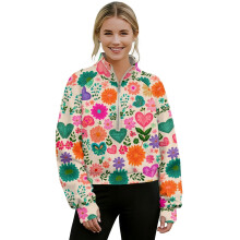 Dame cropped sweatshirt med kvart lynlås, tommelfingerhul, lomme og blomsterprint – casual sportstøjstop, XL, kompatibel med fitness og
