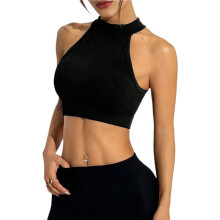 Mouwloze Tanktop met Ronde Hals, Geribbelde Gebreide Crop Top voor Dames Zwart S
