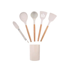 Wooden Handle Silicone Cooking Utensil Set for Non-Stick Pans Heat Resistant Kitchen Tools with Storage Bucket and 9-Inch Food Tongs
