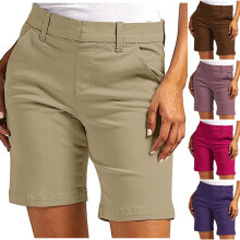 Simua dames korte broek van elastische twill met smalle taille en zakken, geschikt voor casual gelegenheden, effen kleur