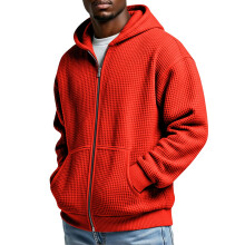 Moletom masculino com textura waffle, zíper frontal completo e bolso canguru.