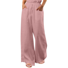 Dame Casual Bukser Dame Ensfarvede Bomuld Høj Talje Løse Afslappede Bukser med Brede Ben Damebukser Casual Casual Damebukser Sommerbukser (Pink, M)