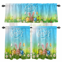 Happy Easter Kitchen Curtains & Valances Set – Bunny Ears, Colorful Eggs, White Daisy, Grass Gradient Blue/Green, Rod Pocket, 27.5x36in