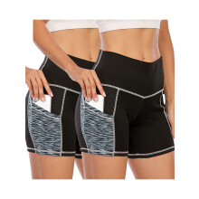 Højtaljede yogashorts til kvinder med numseløft, lommer, mavekontrol og rynket design – Kompatibel med yoga/løb