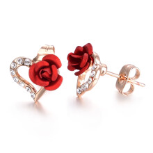 Heart Shaped Stud Earrings for Women Gold Plated Red Rose Flower Earrings Wedding Jewelry