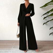 Dame elegant V-hals jumpsuit med krydsede fronter, lange ærmer, bælte, vide ben, ensfarvet sparkedragt, sort, XL