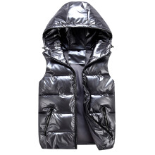 Glanset dynevest med hætte til kvinder og mænd, unisex, vinter, varm, ensfarvet, ærmeløs, komposit, lynlåsvest, hættetrøjejakke med lomme,