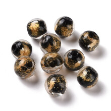 50pc Handmade Gold Foil Lampwork Glass Beads Round Black 8mm Hole: 1.4mm