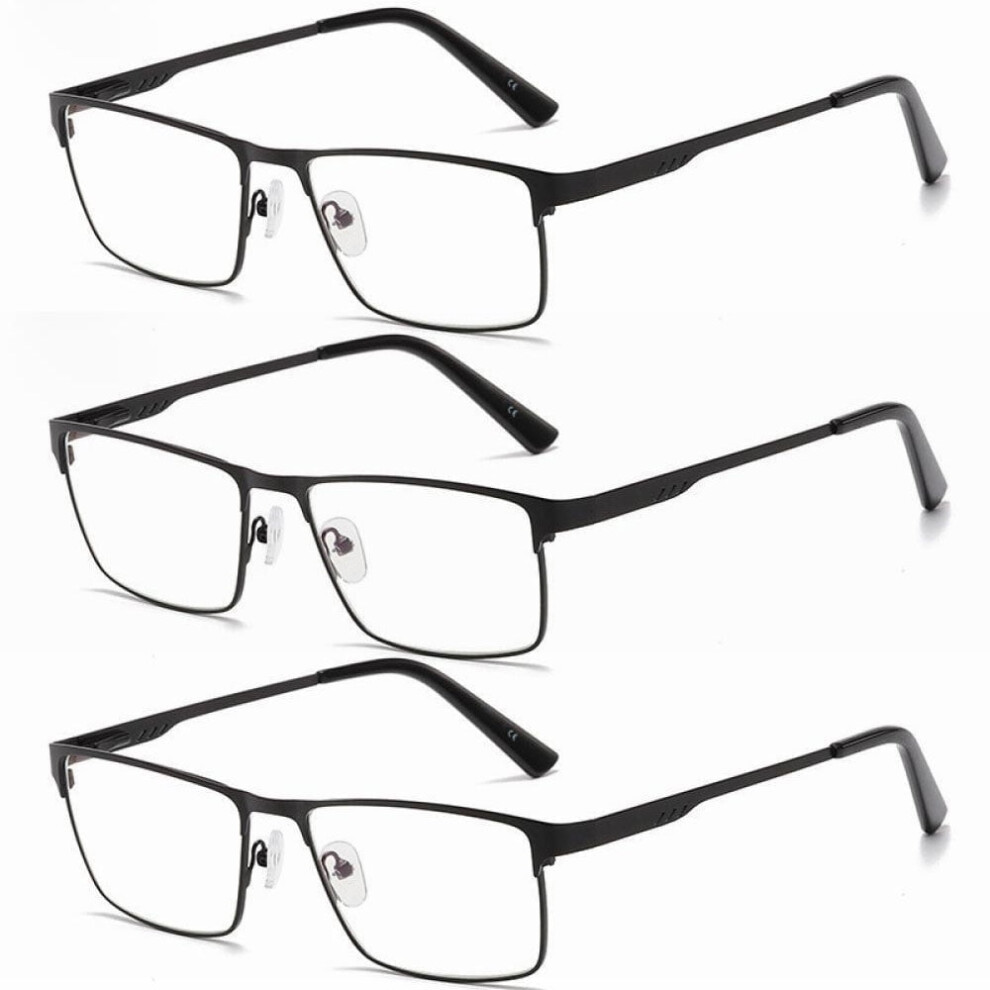 3 Pairs of Mens Classic Rectangle Reading Glasses +6.0, Metal Black Spring Hinges Classic Readers 6.0