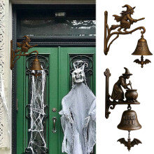 Vintage Witch Doorbell – Cast Iron Halloween Door Hanger Bell with Witch on Broom, for Front Door, Porch, Wall Decor (A)