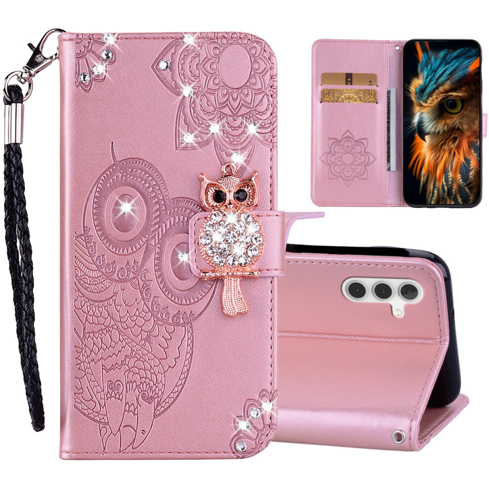 Cute Owl Glitter Leather Flip Wallet Case With Card Slot & Wrist Strap, Compatible With Samsung Galaxy S24+/S25+ 9479868633650