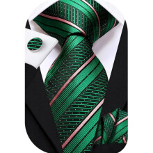Conjunto de gravata masculina de 3 peças: gravata listrada de seda lisa com estampa paisley, abotoaduras e lenço de bolso.
