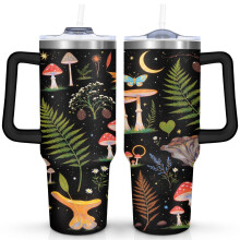 Mushroom Leaves Black Tumbler 40 oz with Handle Lid Straw